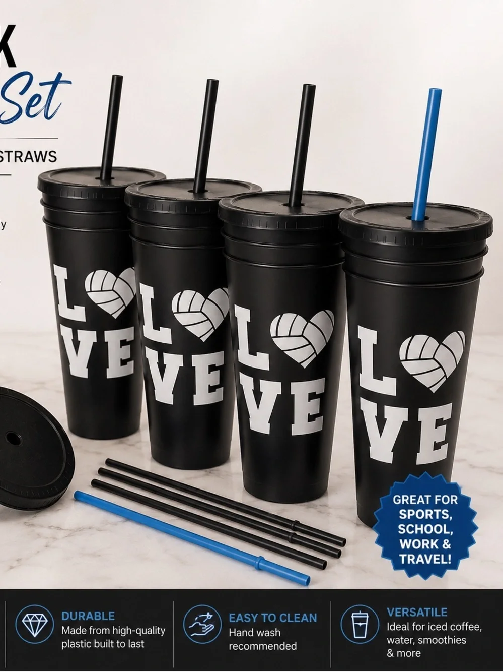 Hand Crafted Black LOVE Volleyball Tumbler Set - 4 Pack